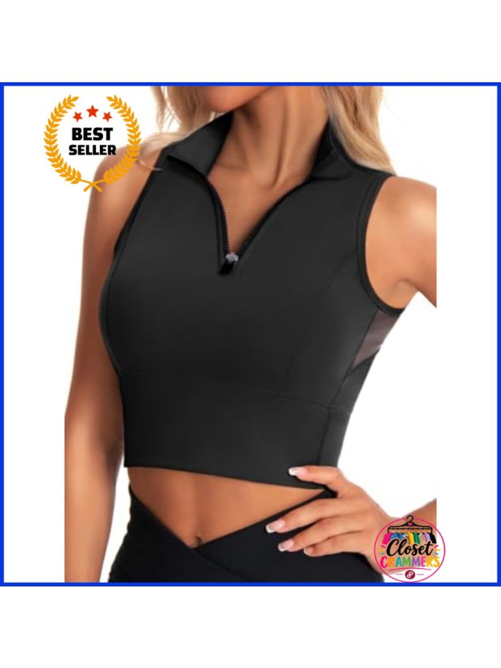 Zip Front Cropped Workout Tank Top with Built in Bra Nylon Lycra